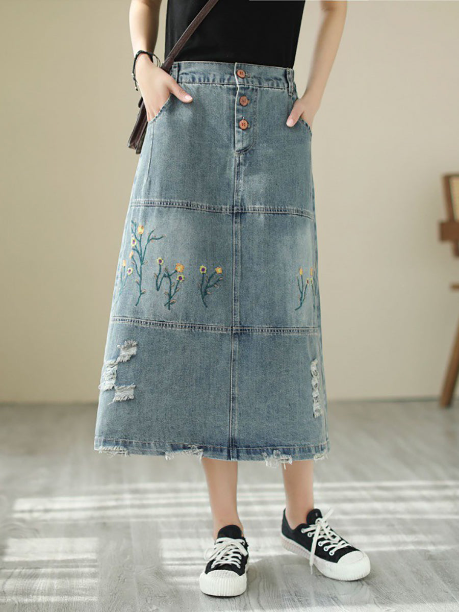 Summer Flower Embroidery Frayed Denim Skirt As1041