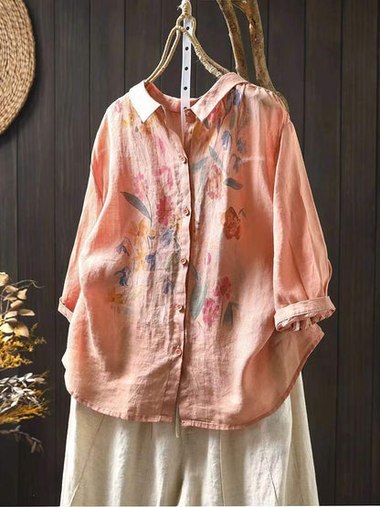 Artsy Summer Flower Print Ramie Blouse Pa1033