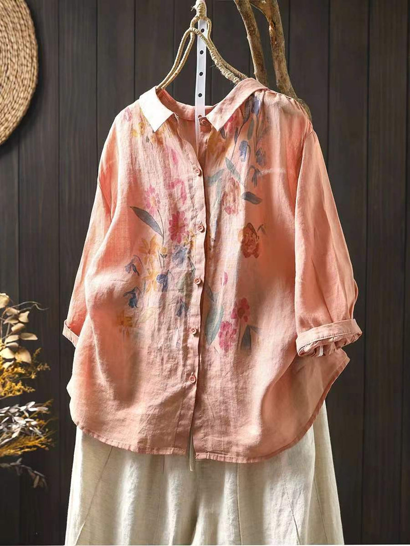 Artsy Summer Flower Print Ramie Blouse Kl1041