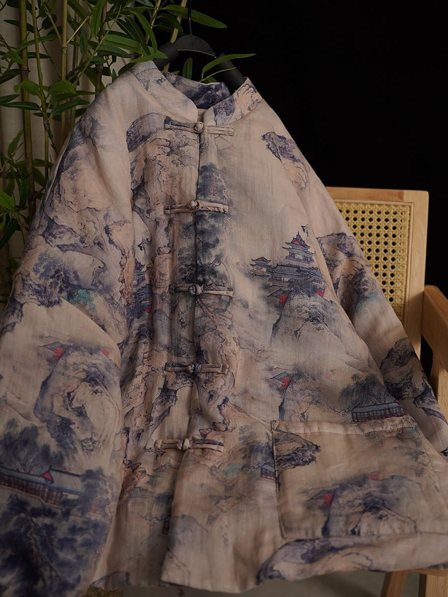Autumn Print Button Stand Collar Ramie Coat At1053