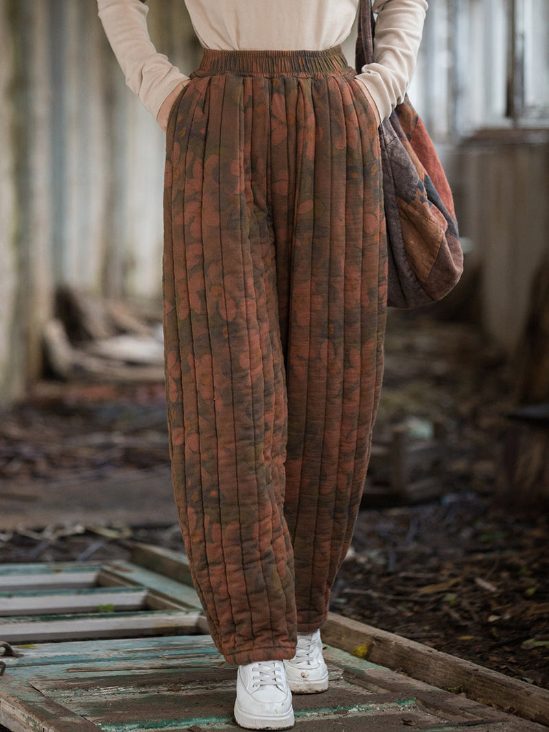 Winter Retro Flower Spliced Padded Cotton Harem Pants Wu014