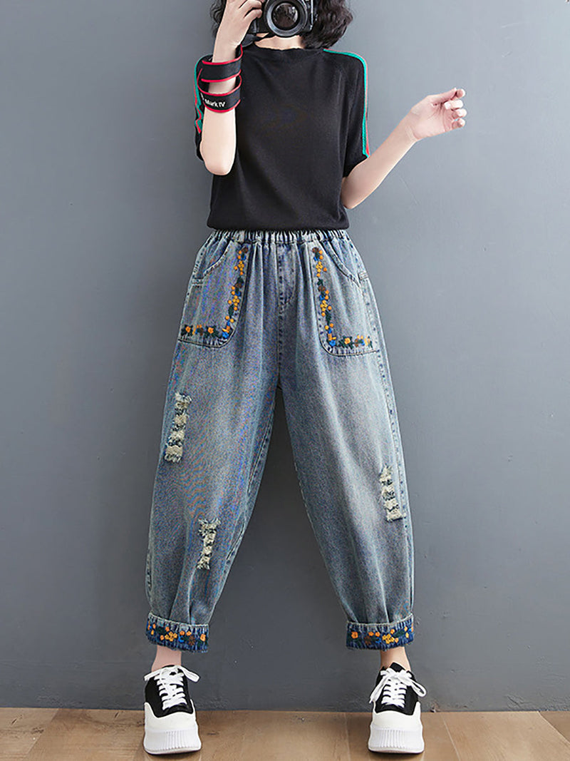 Artsy Embroidery Frayed Denim Harem Pants Fd006