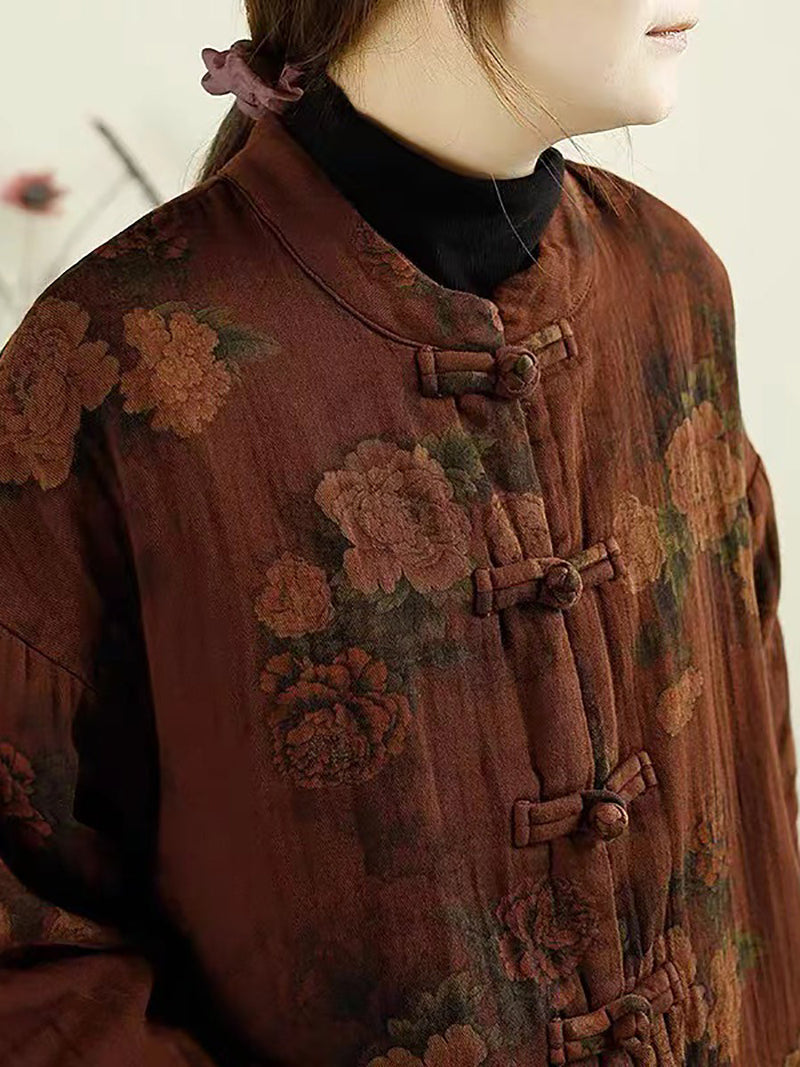 Autumn Flower Buckle Cotton Stand Collar Coat Ba1046