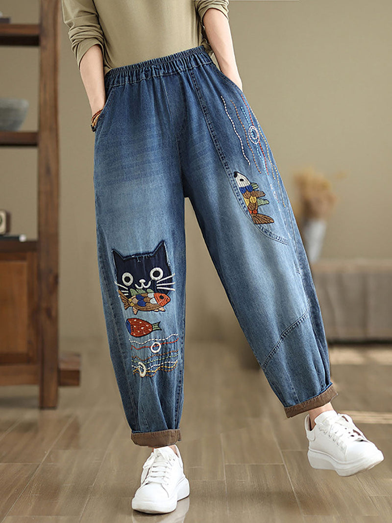 Autumn Cat Patch Spliced Denim Harem Pants Av1004