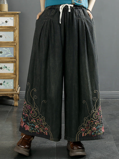 Summer Embroidery Wide-leg Denim Pants Co1050