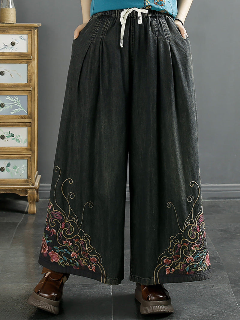 Summer Embroidery Wide-leg Denim Pants Co1050