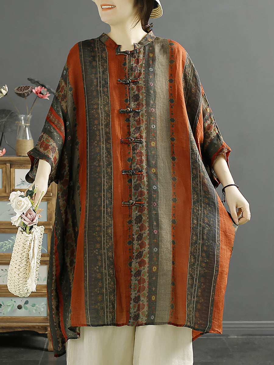 Summer Stripe Button-up 100%ramie Shirt Coat Kl1032