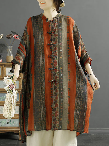 Summer Stripe Button-up 100%ramie Shirt Coat Kl1032