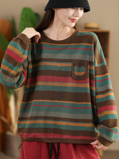 Autumn Colorblock Stripe O-neck Cotton Sweatshirt Ai1027