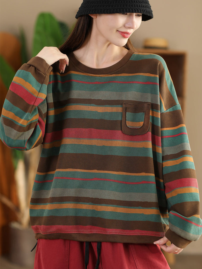 Autumn Colorblock Stripe O-neck Cotton Sweatshirt Ai1027