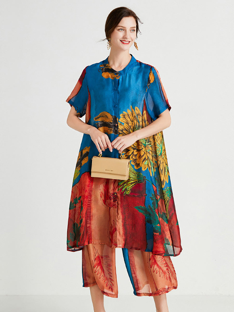Artsy Flower Spliced Long Shirt+pants Hh053