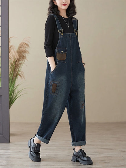 Autumn Retro Patchwork Denim Pocket Jumpsuits Ai1048