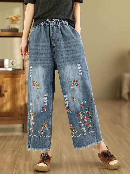 Summer Retro Embroidery Frayed Straight Denim Pants As1042