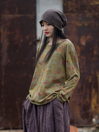 Autumn O-neck Flower Cotton Blouse At1008
