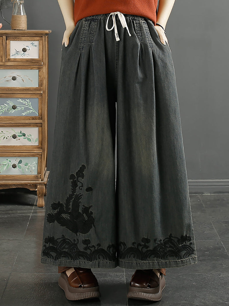 Phoenix Embroidery Wide-leg Denim Pants Kl1009