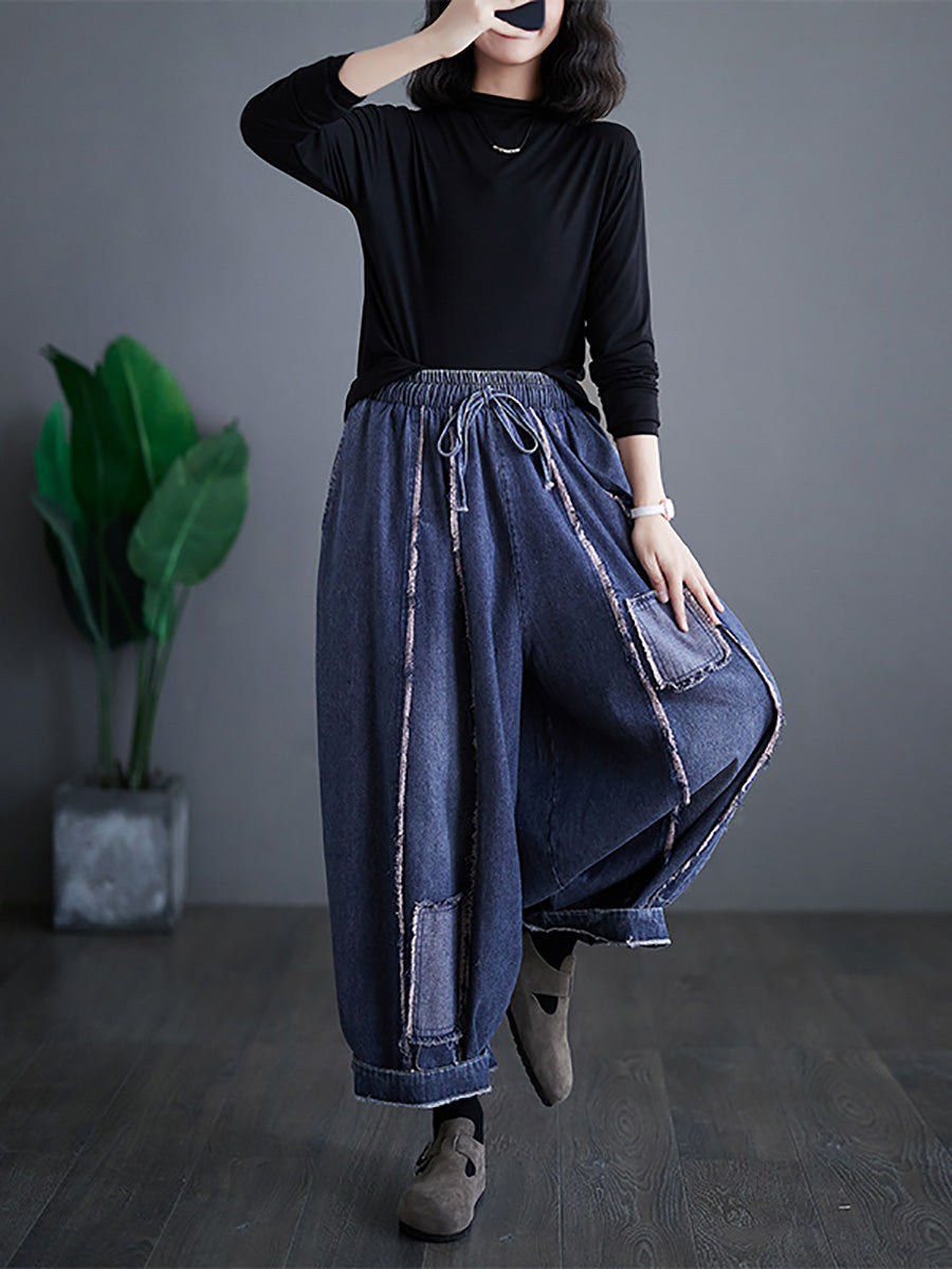 Summer Denim Patch Spliced Harem Pants Fd031