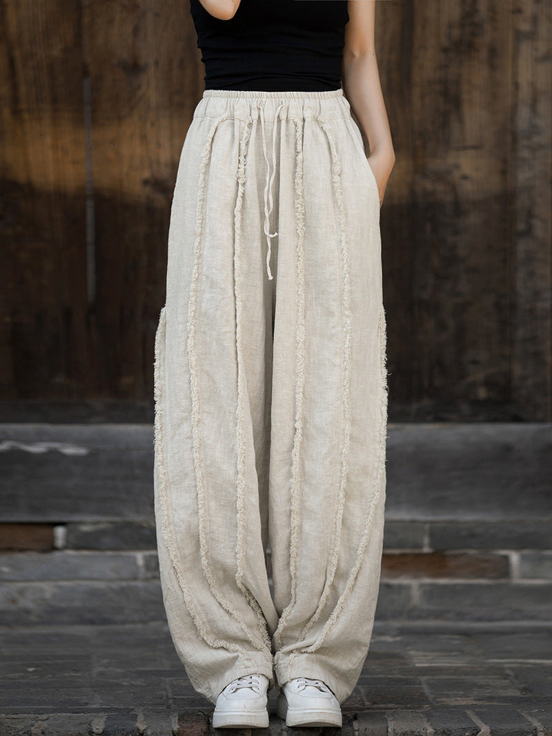 Raw-edge Wide-leg Ramie Pants Fd053