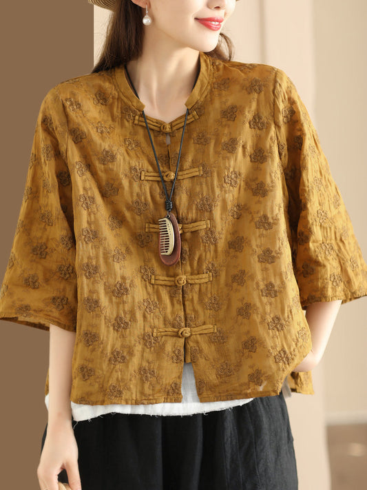 Flower Jacquard Button-up Ramie Blouse Sc1023