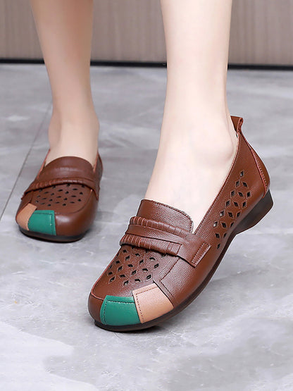 Summer Leather Colorblock Cutout Flat Shoes Ui1030