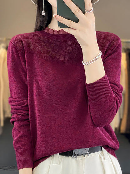 Autumn Lacework Neck 100%wool Loose Sweater Qm020
