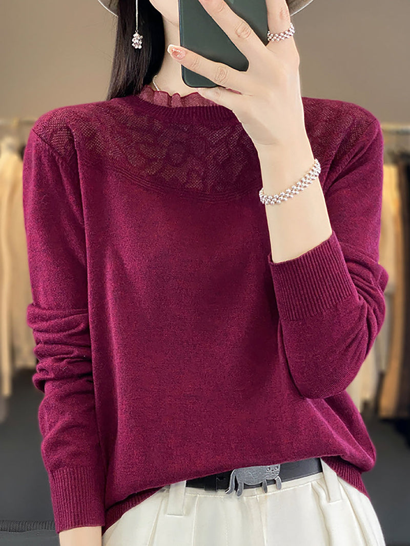Autumn Lacework Neck 100%wool Loose Sweater Qm020