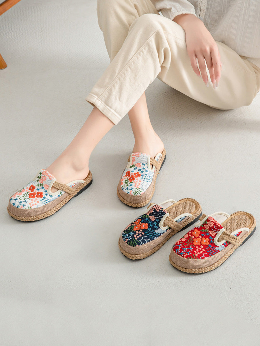 Cotton Flower Embroidery Slippers Summer