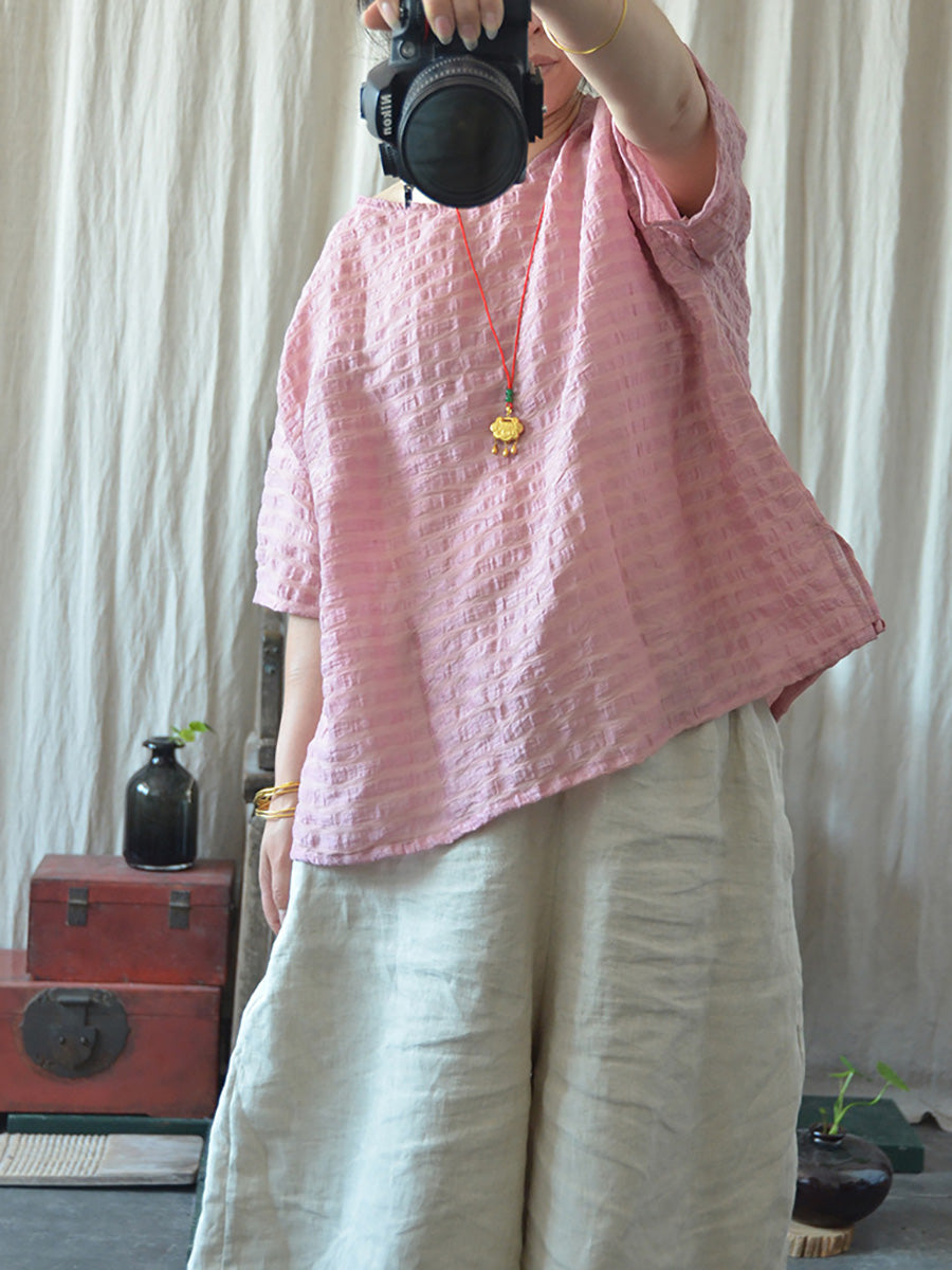 Artsy Stripe Linen O-neck Blouse Co1027