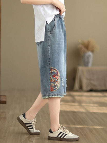 Summer Embroidery Knee-length Denim Pants Io1023
