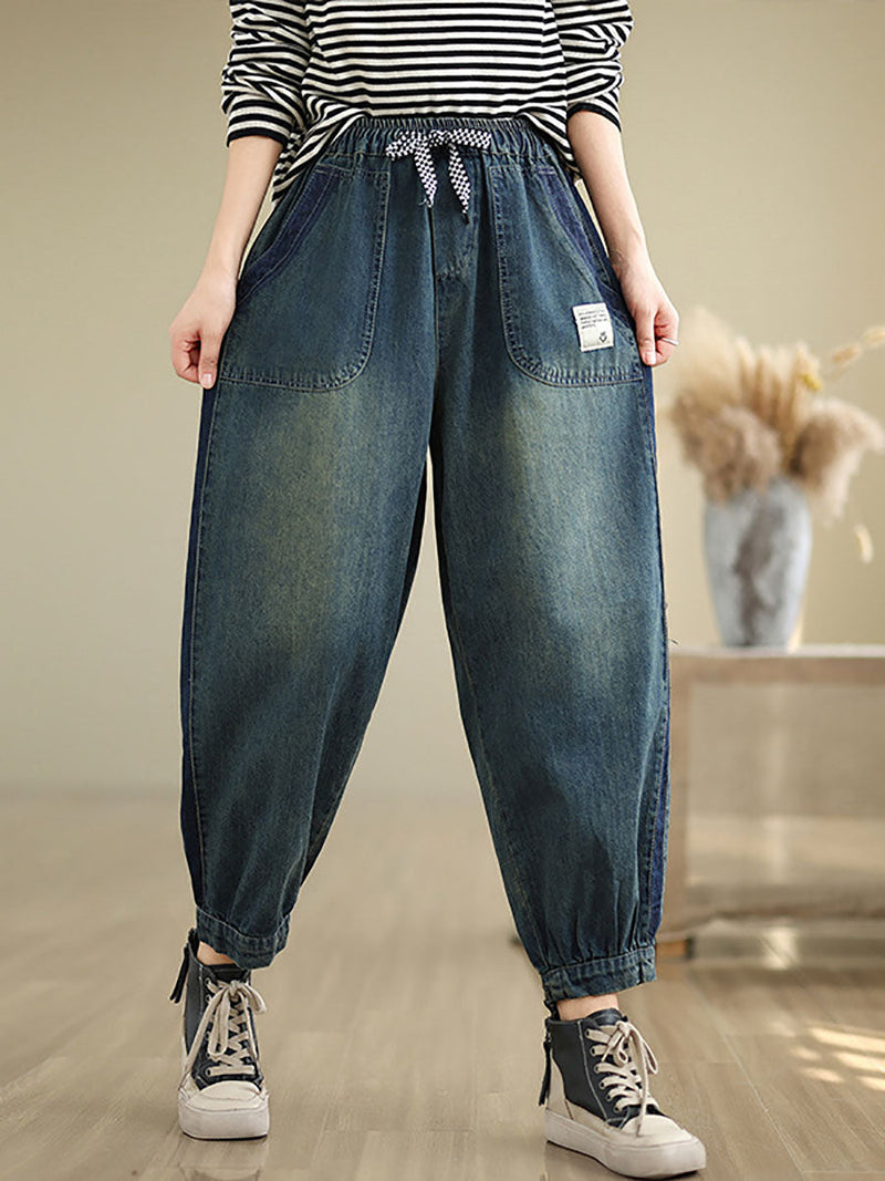 Pockets Washed Denim Harem Pants At1003
