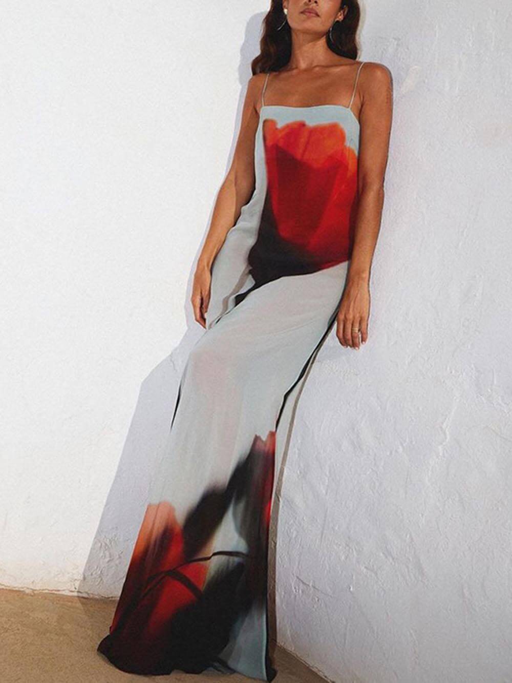 Abstract Tulip Print Vacation Slip H-line Maxi Dress
