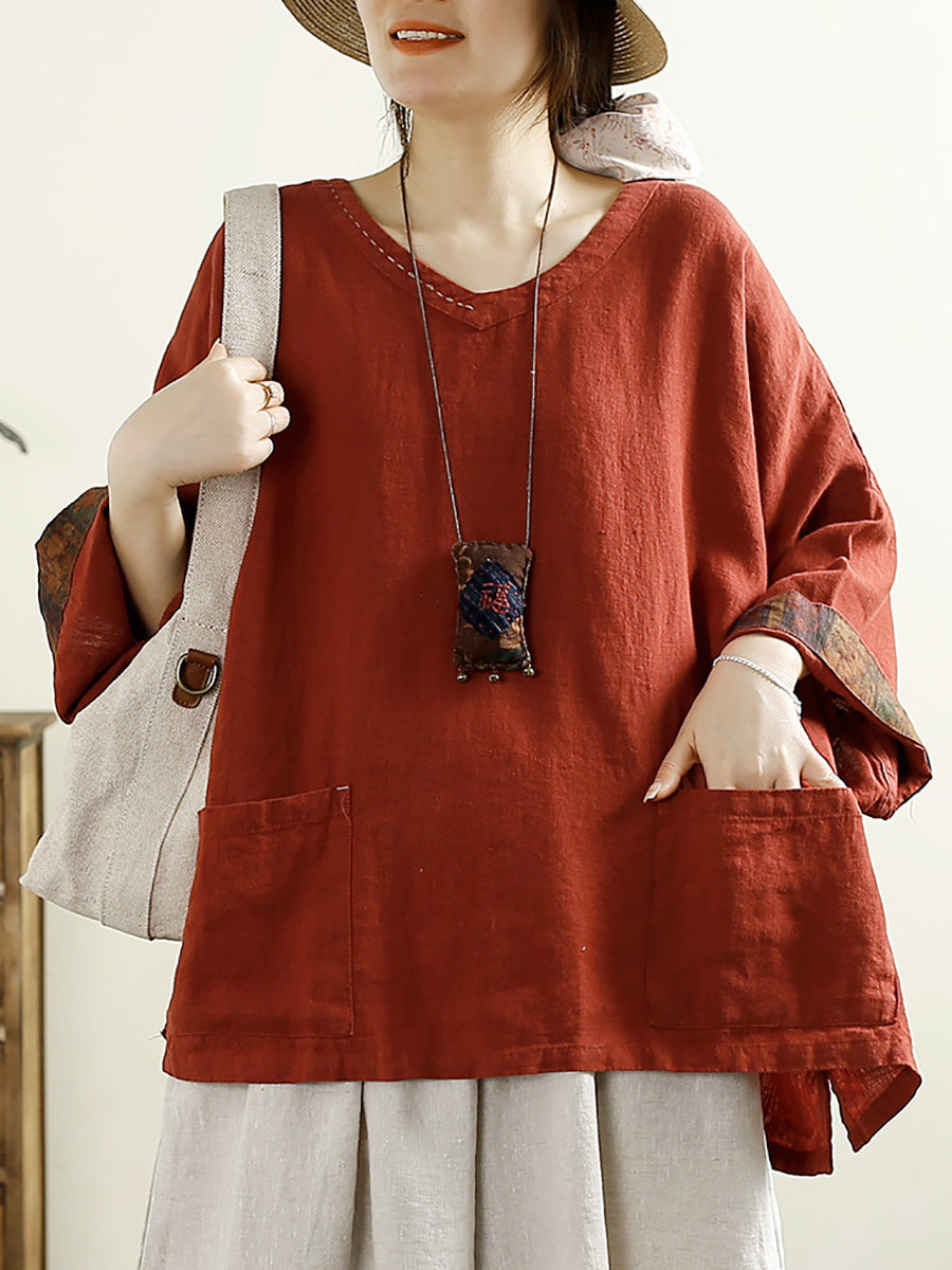 V-neck 100%linen Blouse Ak1006