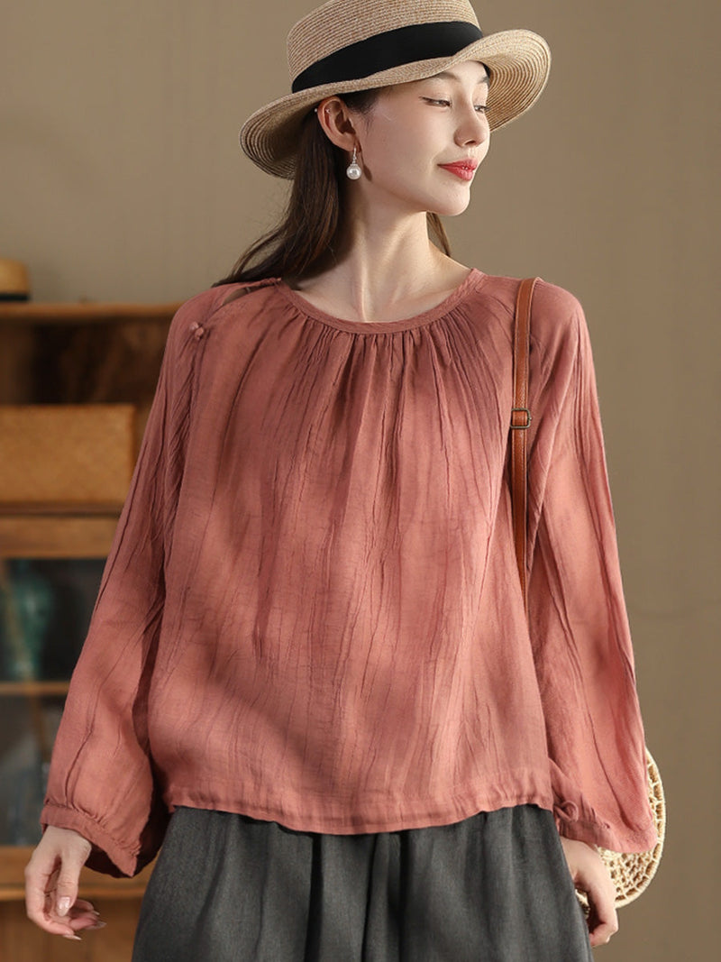 Summer Artsy Strap Hem O-neck Ramie Blouse As1026