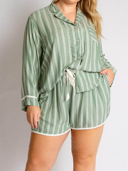 Loose Striped Patchwork Long-sleeved Shorts Pajama Set