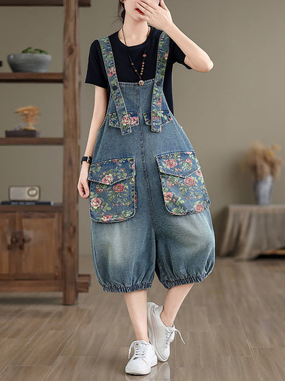 Summer Retro Flower Spliced Denim Jumpsuits Bn1030