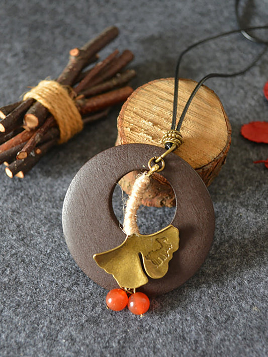 Alloy Leaf Round Wooden Sweater Necklace Kl1042