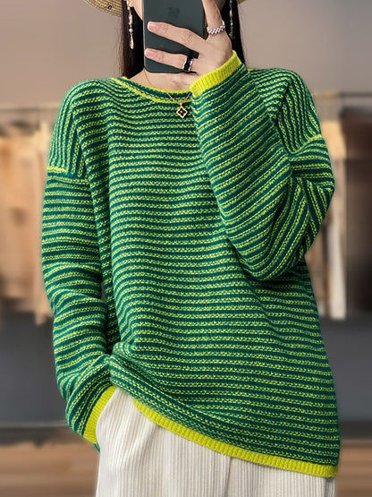 Autumn Stripe O-neck Wool Knit Sweater At1012