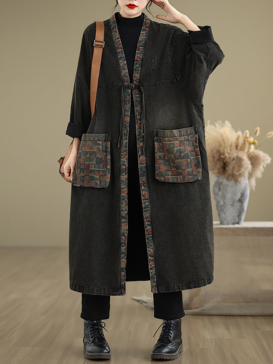 Autumn Worn Patch Colorblock Denim Coat Ah1067