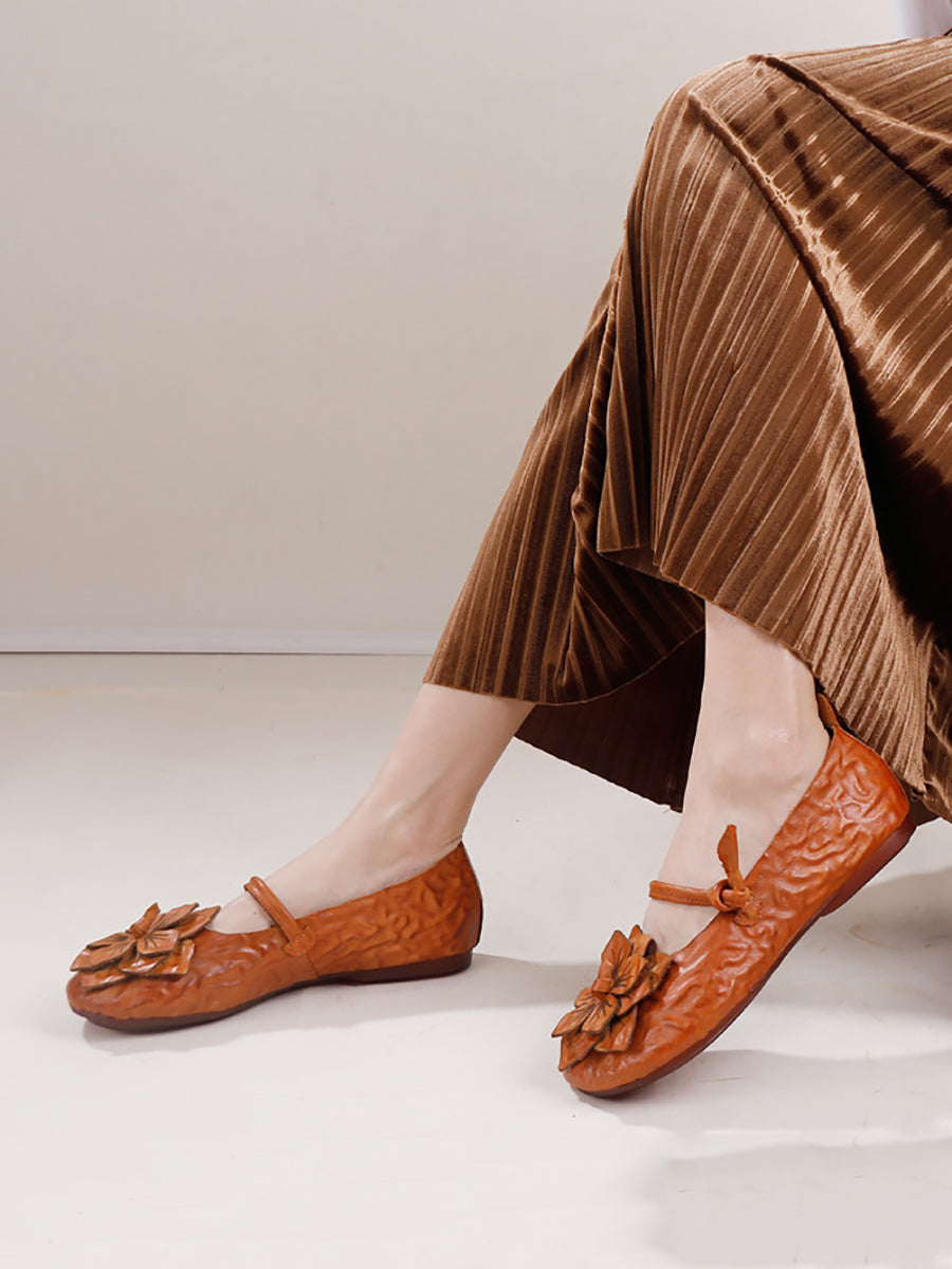 Summer Artsy Flower Leather Flat Shoes Aa1005