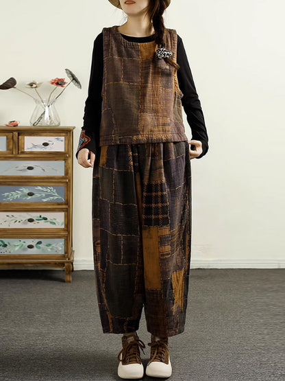 Autumn Plaid Spliced Cotton Harem Pants Ai1051
