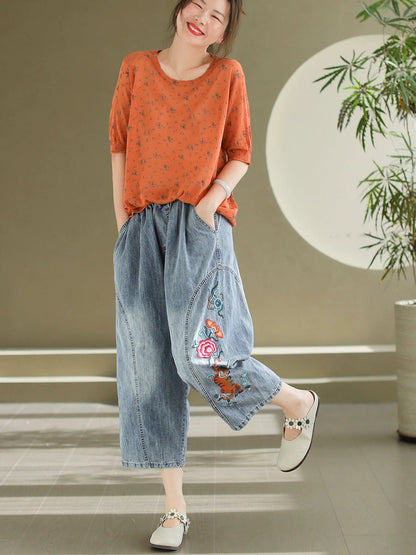 Artsy Flower Embroidery Denim Harem Pants As1006
