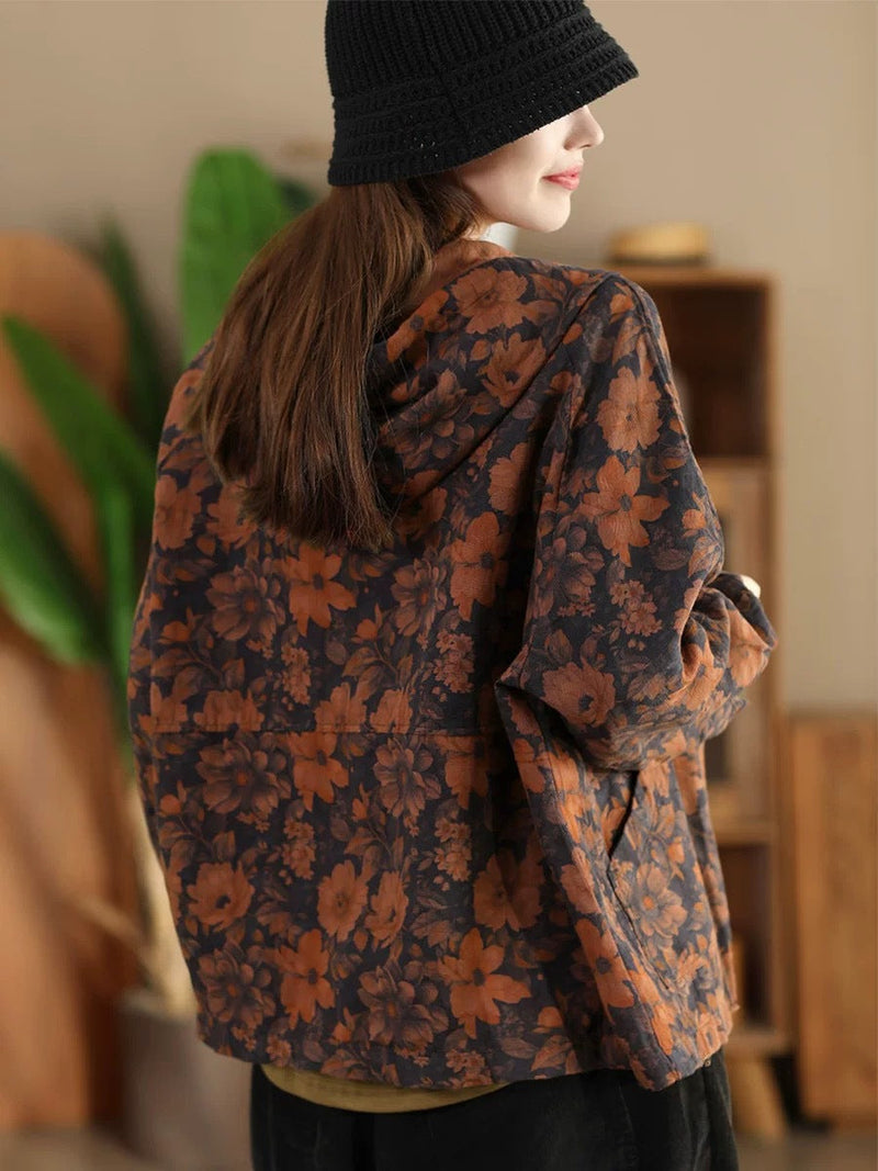 Autumn Flower Button Cotton Linen Hooded Coat Ah1013
