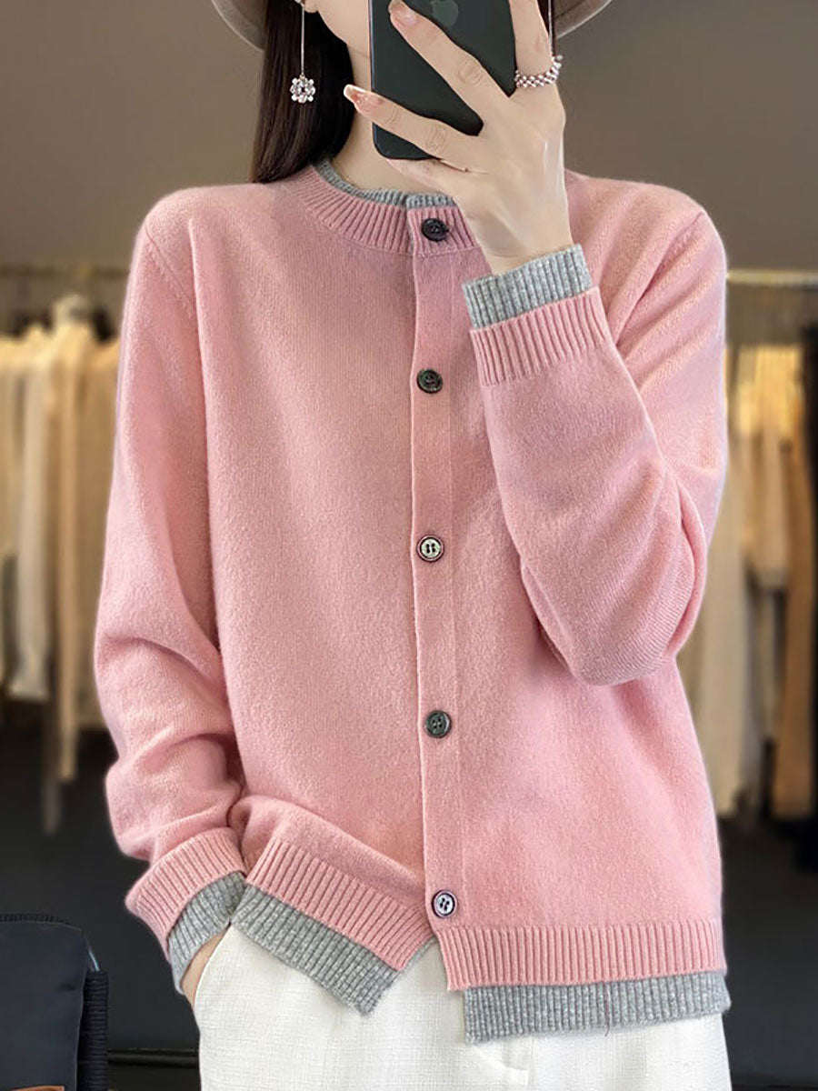 Autumn Colorblock Knit 100%wool O-neck Sweater Qm006
