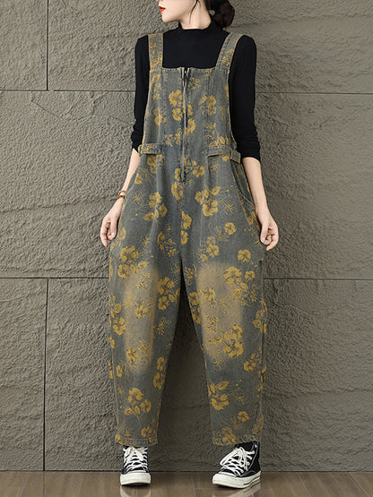 Autumn Retro Flower Zipper Denim Jumpsuits Ax1002