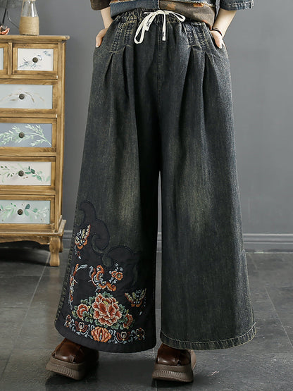 Summer Embroidery Denim Wide-leg Pants Aa1039