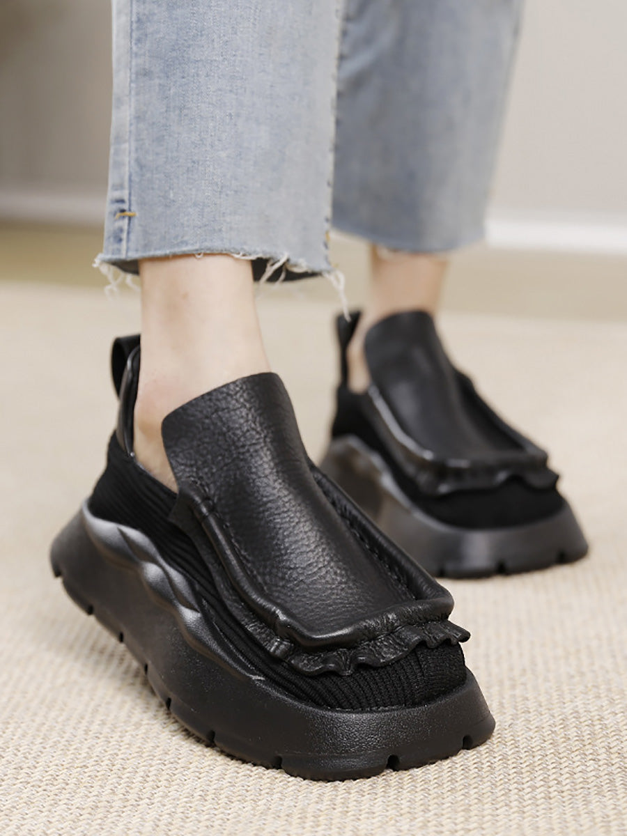 Retro Genuine Leather Spliced Platform Shoes Ah1077