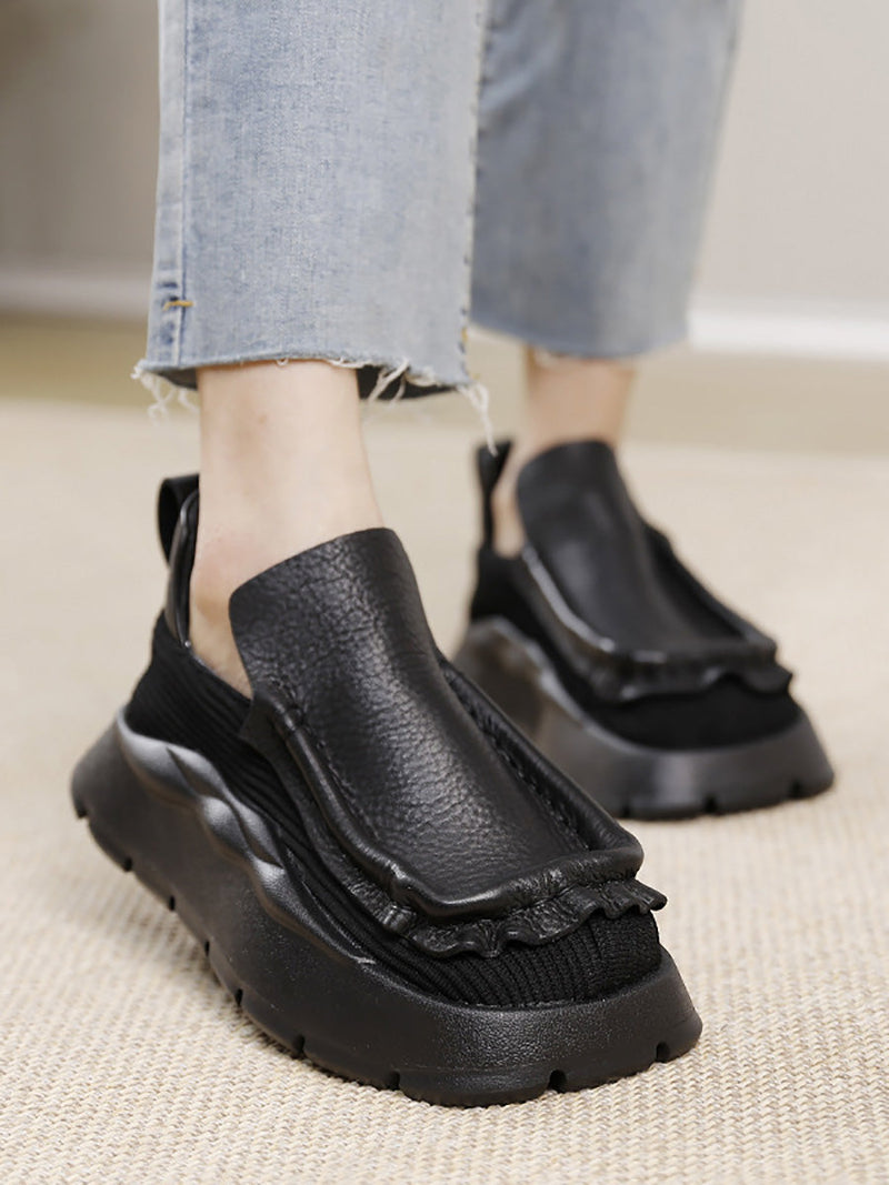 Retro Genuine Leather Spliced Platform Shoes Ah1077