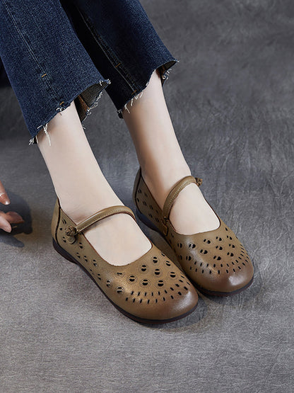 Genuine Shoes Summer Hollow Out Heel Low Leather