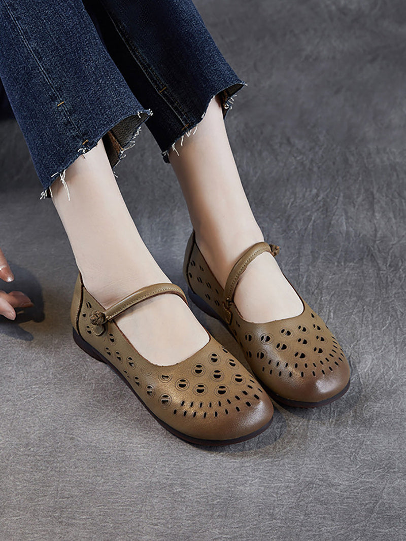 Genuine Shoes Summer Hollow Out Heel Low Leather