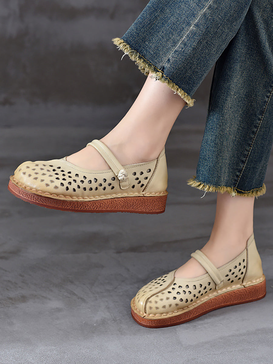Summer Leather Cutout Leather Flat Shoes Oo1018