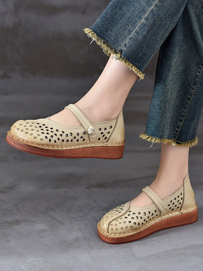 Summer Leather Cutout Leather Flat Shoes Oo1018